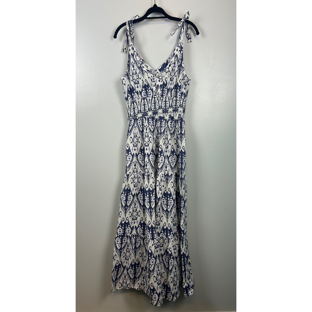 LA PLAGE XS Smocked Ikat Print Maxi Dress Tie Shoulder Sleeveless Cotton Boho